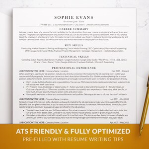 May include: A resume template with the name Sophie Evans, contact details, and sections for career summary, key skills, technical skills, and professional experience. A gold pen rests on the document. The text at the bottom reads "ATS FRIENDLY & FULLY OPTIMIZED PRE-FILLED WITH RESUME WRITING TIPS."