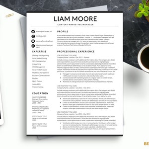 Puede incluir: Una plantilla de curr&iacute;culum vitae en blanco y negro con el nombre Liam Moore y el t&iacute;tulo Content Marketing Manager. El curr&iacute;culum incluye informaci&oacute;n de contacto, una secci&oacute;n de perfil, experiencia, experiencia profesional y educaci&oacute;n.