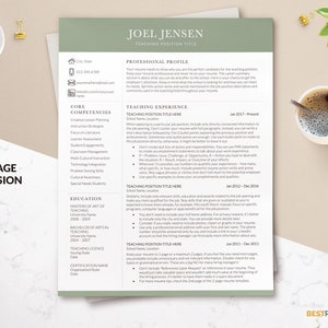 English Teacher Resume Template for Word, Modern Professional Teaching Resume Template with Cover Letter, Clean Green Color Educator Resume