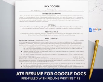 May include: A resume template designed for Google Docs, with a pre-filled section for resume writing tips. The template includes sections for professional summary, key skills, technical skills, work experience, and job position titles. The template is designed to help job seekers create a professional and effective resume.