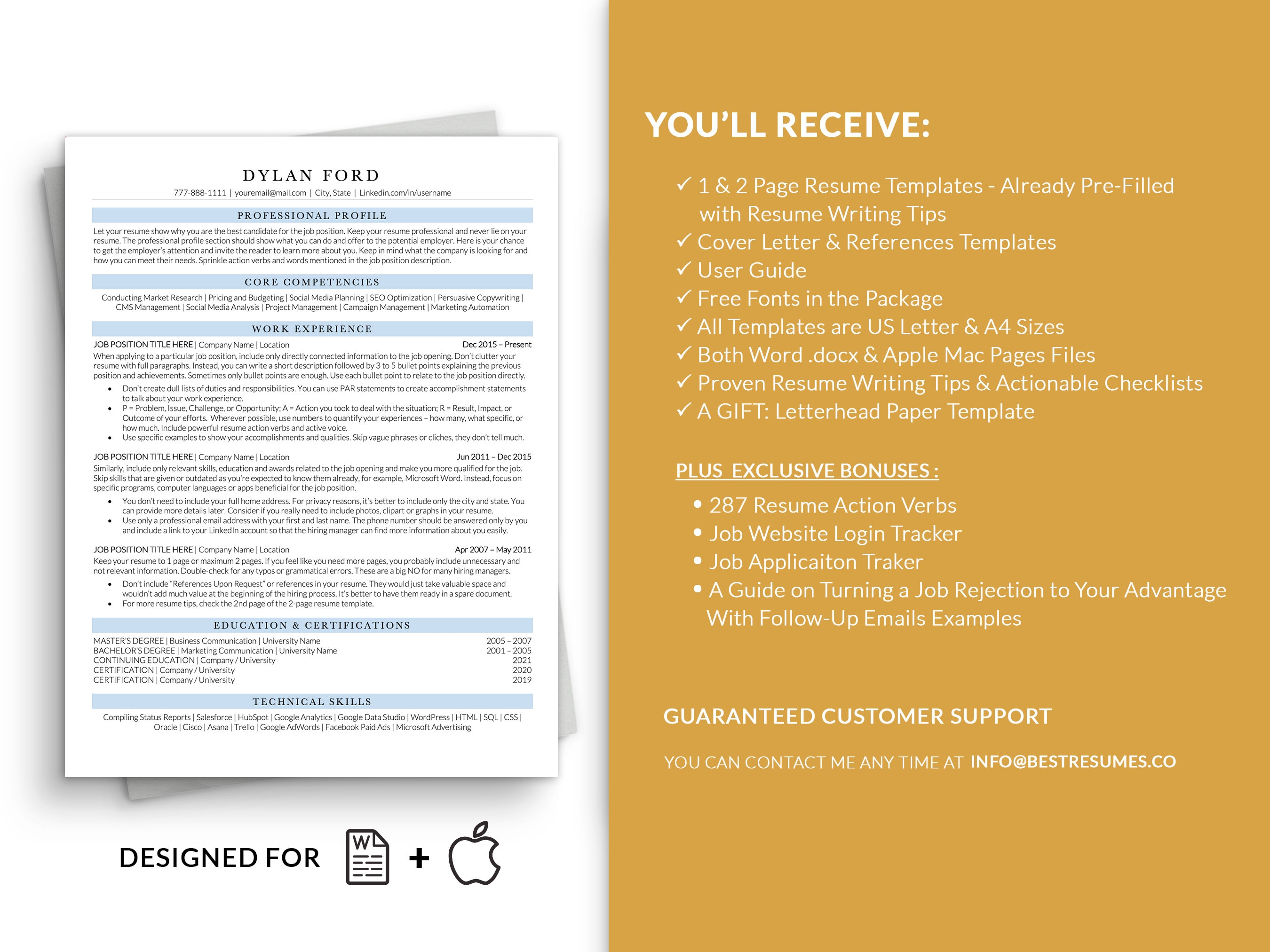 Professional ATS Resume Template for Word, Apple Mac Pages, Google Doc ...