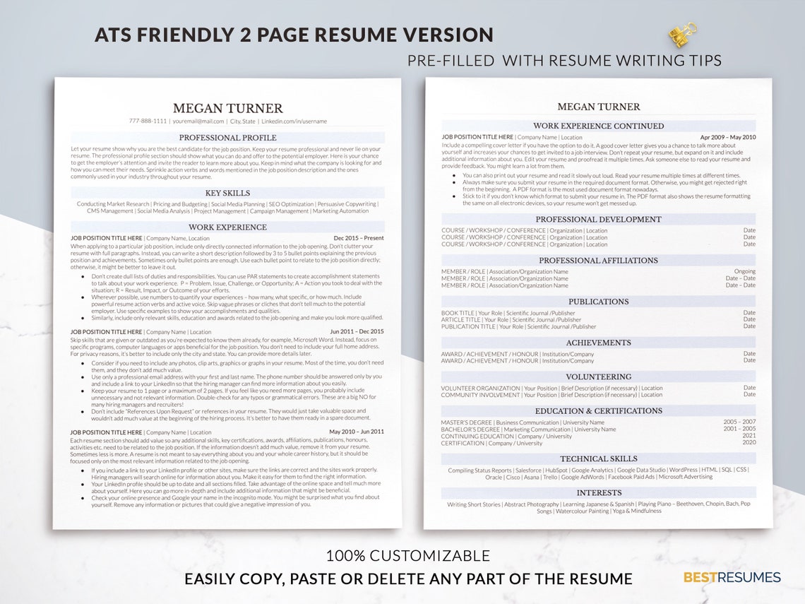 Modern Clean ATS Friendly CV Template for Google Docs, Word, Mac Pages