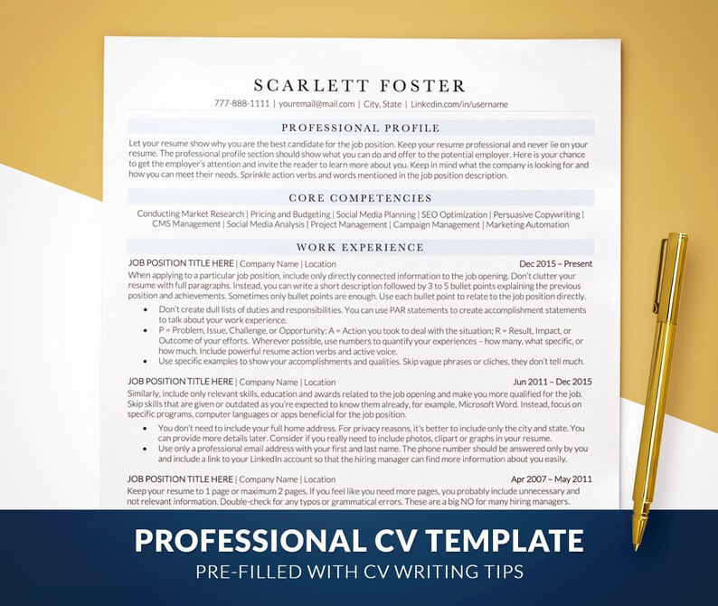 Cv Position Professional CV Template for Word, Pages, Google Docs, Light Blue CV ...