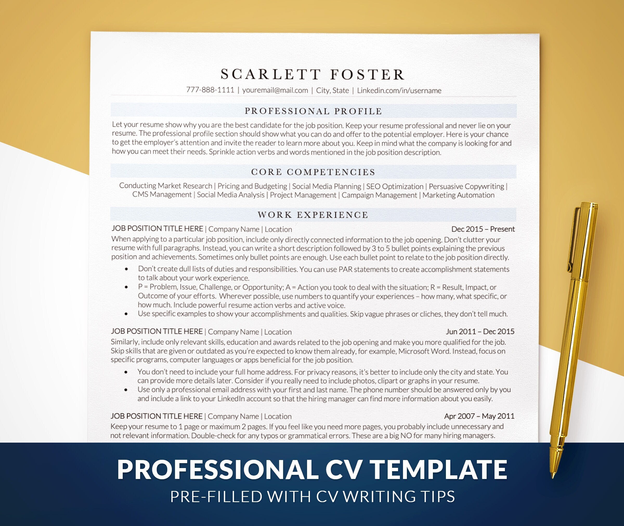 Plantilla de CV profesional para Word, Pages, Google Docs, CV azul claro 2025, currículum vitae de director ejecutivo, CV limpio y moderno de 1 y 2 páginas