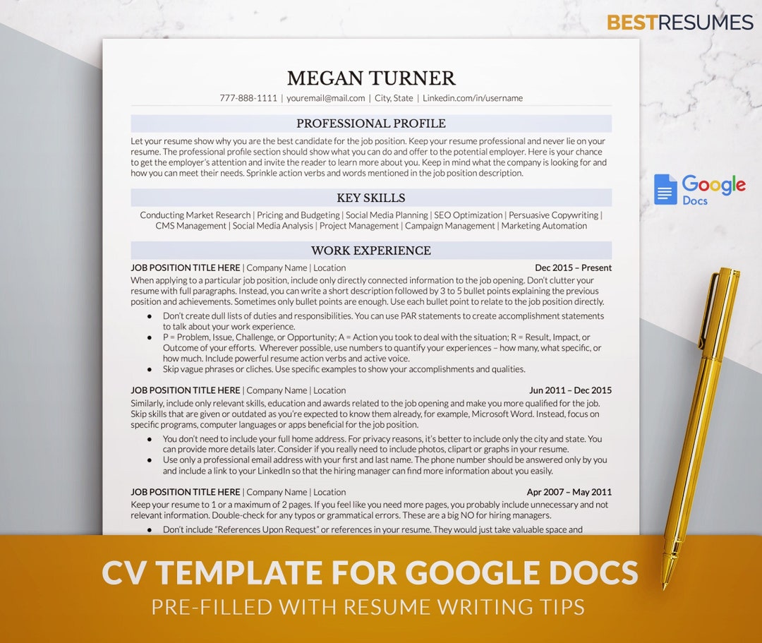 Modern Clean ATS Friendly CV Template for Google Docs, Word, Mac Pages ...