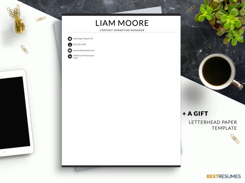 Puede incluir: Una plantilla de membrete en blanco y negro con el texto "Liam Moore, Content Marketing Manager" y "+ A Gift, Letterhead Paper Template" en la parte inferior. La plantilla incluye informaci&oacute;n de contacto como una direcci&oacute;n, un n&uacute;mero de tel&eacute;fono, una direcci&oacute;n de correo electr&oacute;nico y un enlace de perfil de LinkedIn.