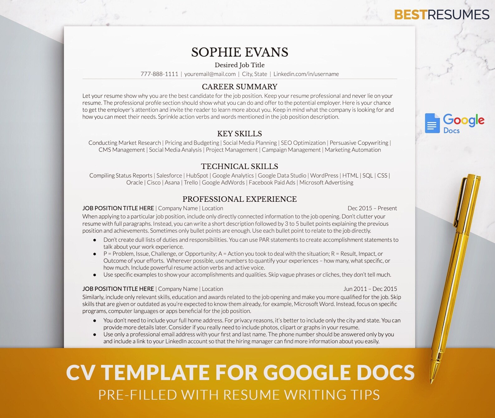 Professional ATS Friendly CV Template Google Docs, Word, Mac Pages ...