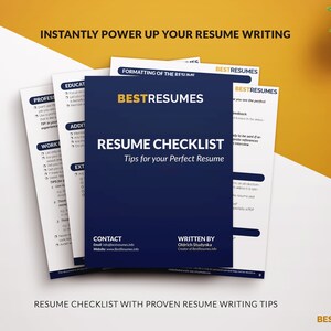 May include: A resume checklist with the text "Resume Checklist Tips for your Perfect Resume" on a navy blue cover. The top sheet has the words "Best Resumes" in gold. The background is white and yellow.