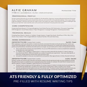 May include: A white resume template with the name "Alfie Graham" at the top, featuring sections for professional profile, core competencies, technical skills, and work experience. The text "ATS FRIENDLY & FULLY OPTIMIZED" is at the bottom.