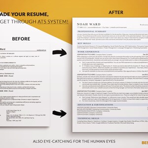 May include: An image showing a 'before and after' comparison of a resume, with the text "UPGRADE YOUR RESUME, AND GET THROUGH ATS SYSTEM!". The 'AFTER' resume is professionally formatted, with sections for professional summary, skills, and work experience.