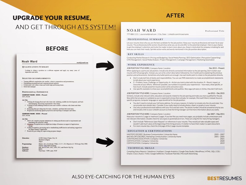 May include: An image showing a 'before and after' comparison of a resume, with the text "UPGRADE YOUR RESUME, AND GET THROUGH ATS SYSTEM!". The 'AFTER' resume is professionally formatted, with sections for professional summary, skills, and work experience.