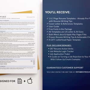 May include: A resume template featuring the name "Noah Ward". The document includes sections for professional summary, key skills, work experience, education, and technical skills. The image also lists bonuses and customer support information.