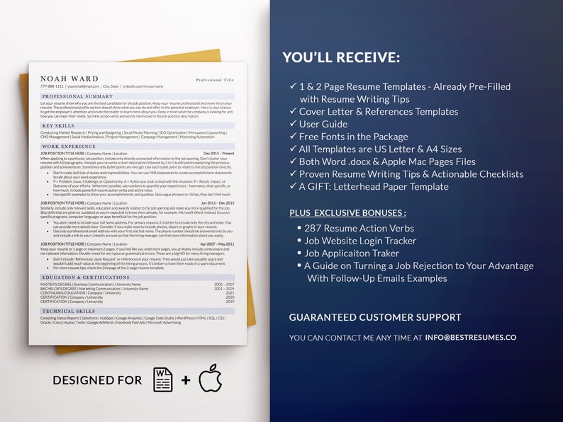 May include: A resume template featuring the name "Noah Ward". The document includes sections for professional summary, key skills, work experience, education, and technical skills. The image also lists bonuses and customer support information.