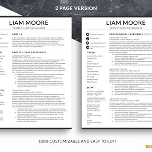 Puede incluir: Una plantilla de curr&iacute;culum de dos p&aacute;ginas para un gerente de marketing de contenido llamado Liam Moore. El curr&iacute;culum incluye secciones para perfil, experiencia, experiencia profesional, educaci&oacute;n, habilidades inform&aacute;ticas y extras. La plantilla es 100% personalizable y f&aacute;cil de editar.