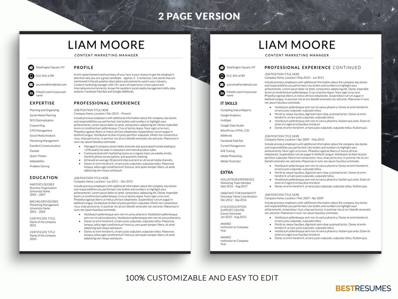 Puede incluir: Una plantilla de curr&iacute;culum de dos p&aacute;ginas para un gerente de marketing de contenido llamado Liam Moore. El curr&iacute;culum incluye secciones para perfil, experiencia, experiencia profesional, educaci&oacute;n, habilidades inform&aacute;ticas y extras. La plantilla es 100% personalizable y f&aacute;cil de editar.