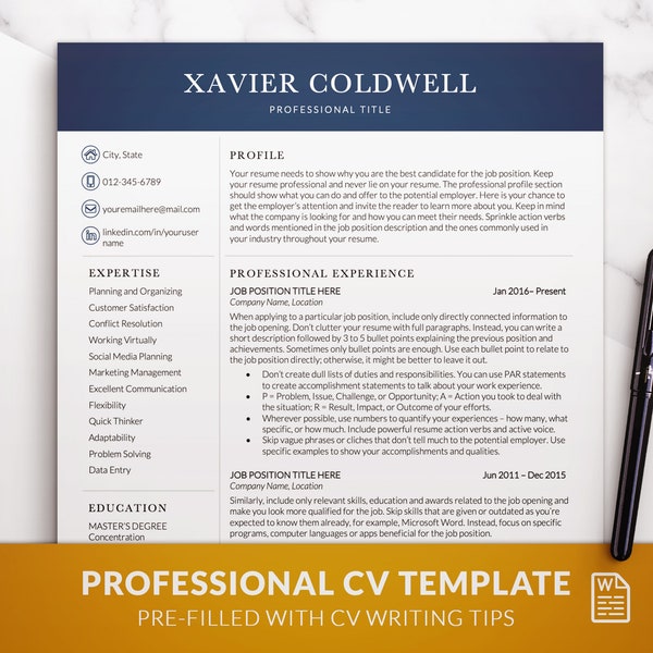 Modern Professional CV Template for Word with a Clean CV Resume Format, 2 Column 1 & 2 Page CV Template with a matching Blue Cover Letter