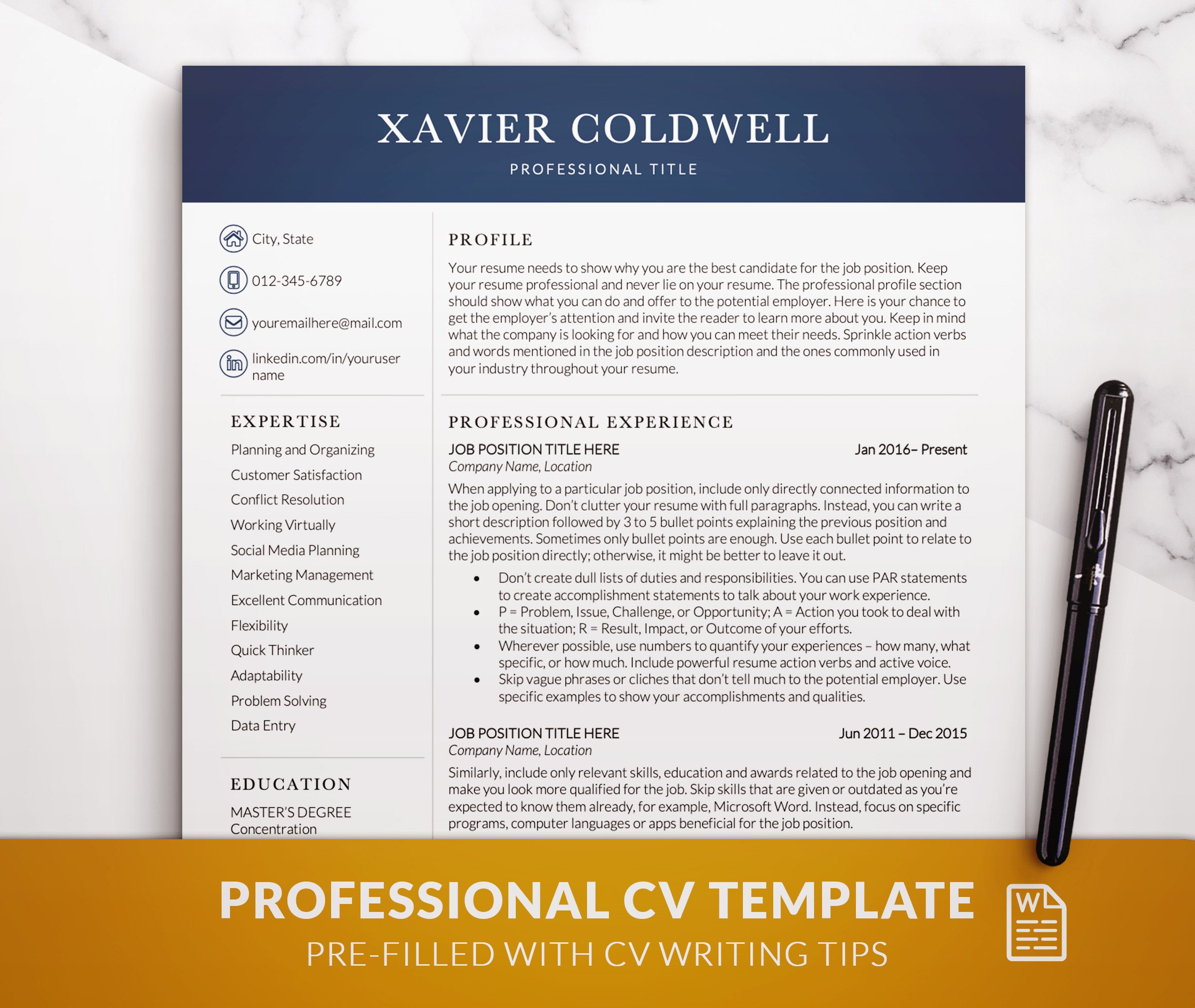 Modern Professional CV Template for Word With a Clean CV Resume Format ...