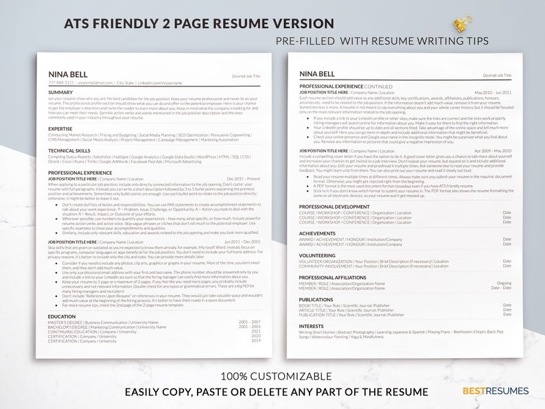 Google Docs Resume Templates ATS Friendly Two Page Resume Nina Bell