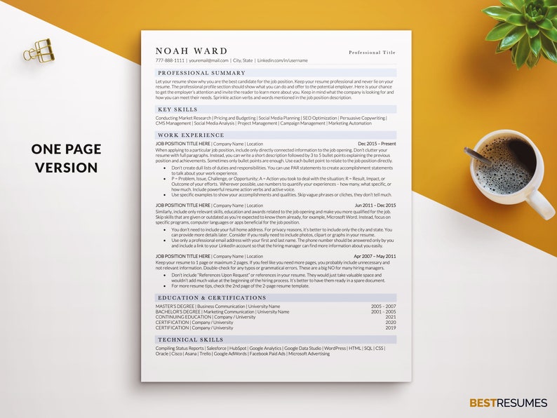 May include: A white resume template with the name "Noah Ward" at the top. The resume includes sections for professional summary, key skills, work experience, education, and technical skills. A gold paper clip and a cup of coffee are on the yellow surface.