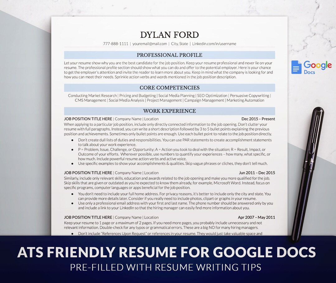 Professional Clean ATS Friendly Resume Template for Google Docs, Word ...