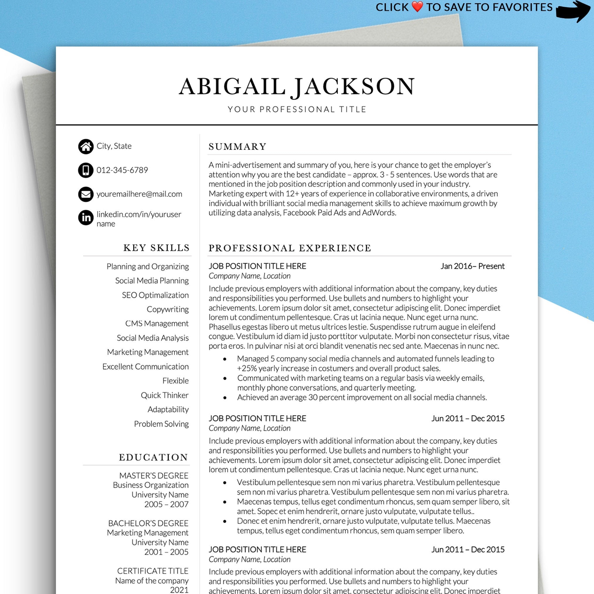 two-column-resume-template-word-professional-resume-etsy