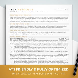 May include: A resume template with tips for writing a professional resume. The template includes sections for professional profile, core competencies, technical skills, and work experience. The template is ATS friendly and fully optimized.