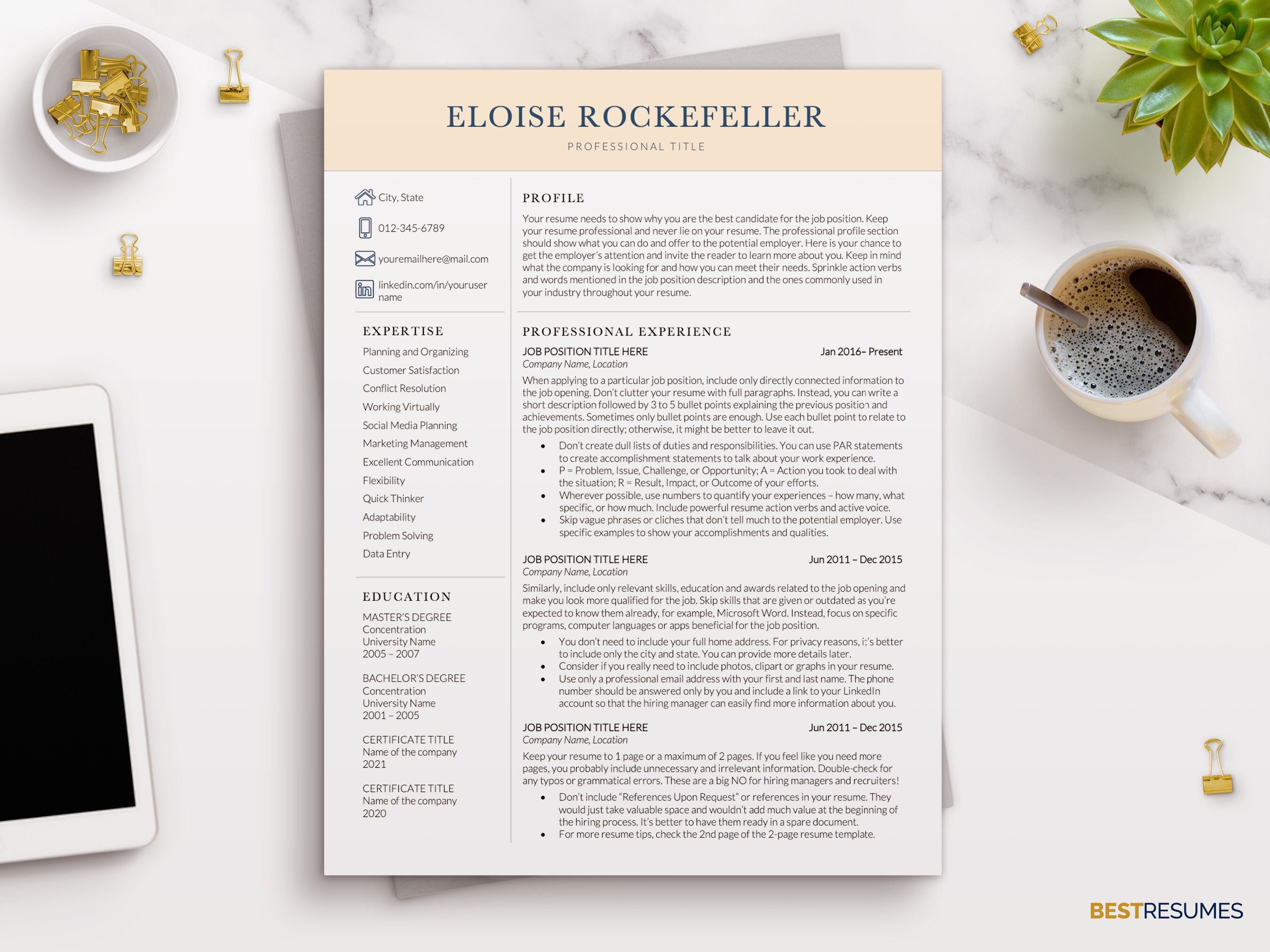 2 Column Resume Template for Word, Professional Modern Clean Resume