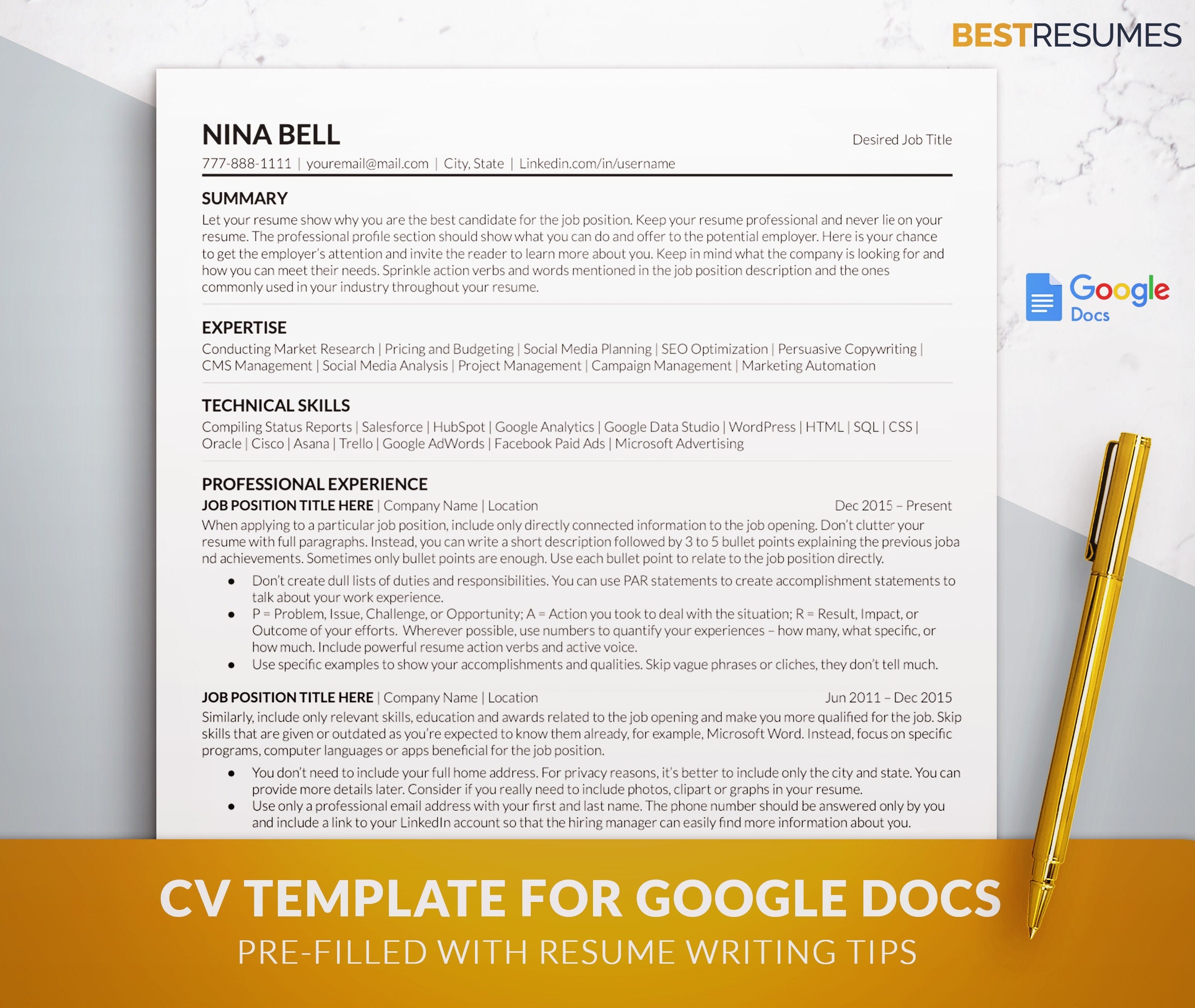 ATS Friendly CV Template for Google Docs, Word, Mac Pages, Professional ...
