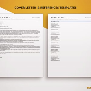 May include: A cover letter and references template. The cover letter includes sections for the recipient's name, job title, and a space for the body of the letter. The references template lists contact information for references.