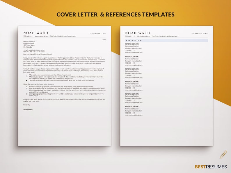 May include: A cover letter and references template. The cover letter includes sections for the recipient's name, job title, and a space for the body of the letter. The references template lists contact information for references.