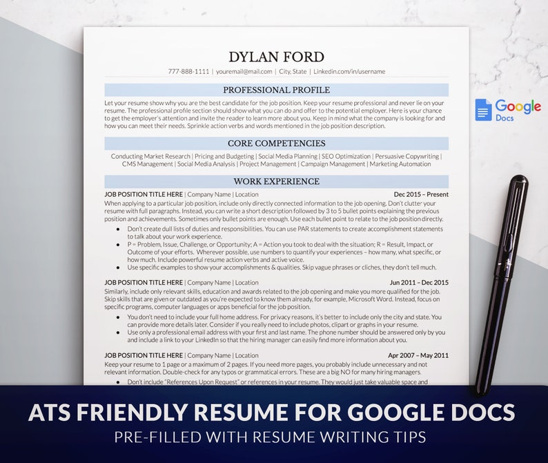 ATS Friendly Google Doc Resume Template Simple Modern ATS Etsy