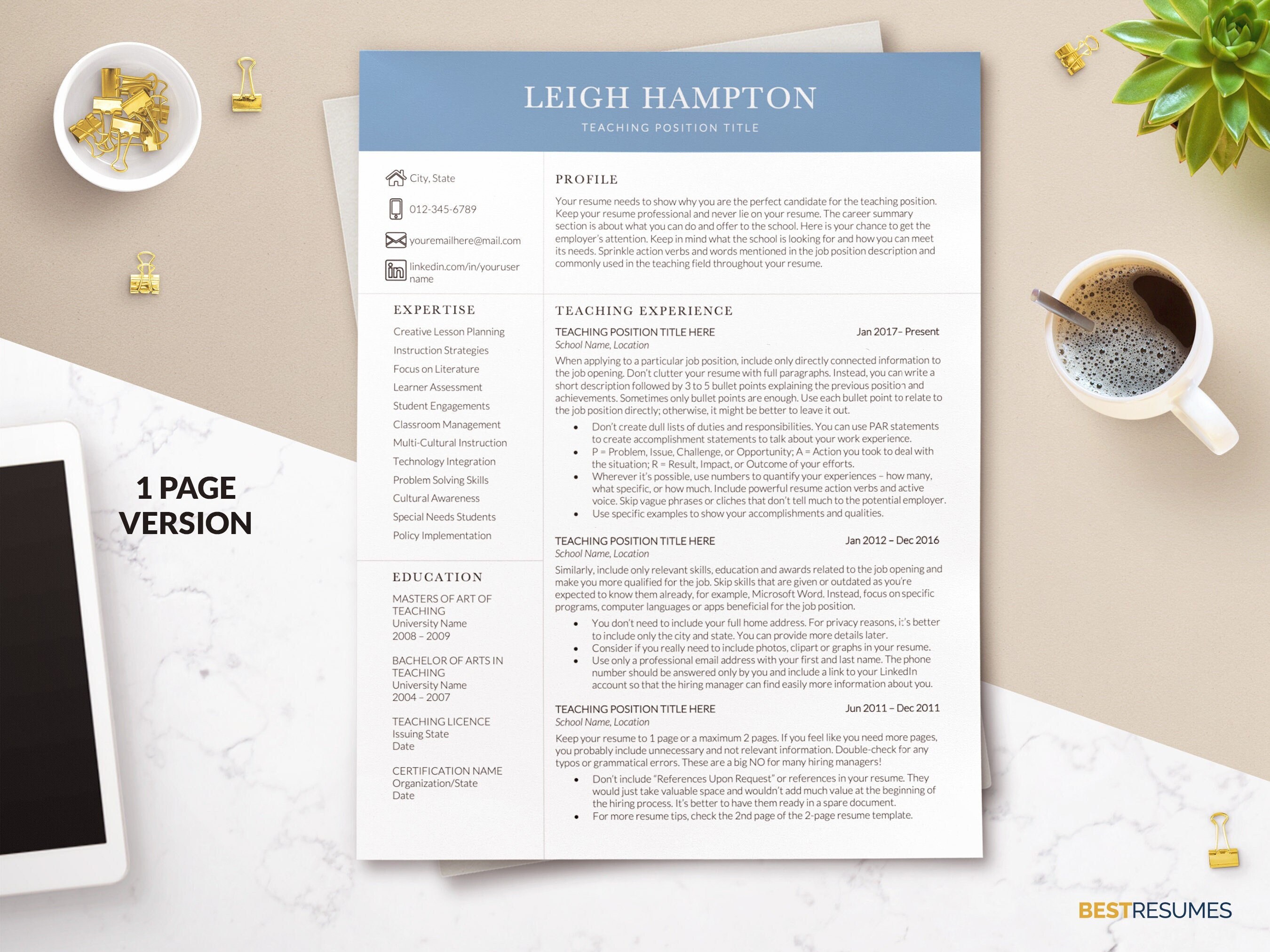 Professional Teacher Resume Word, Teacher CV Template with Cover Letter and References Page, Modern Clean Resume Template, Instant Download