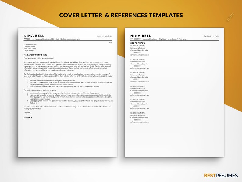 Modern ATS Resume Template Cover Letter References Templates Nina Bell