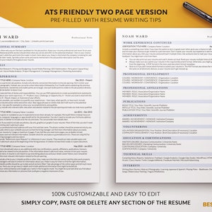 May include: A two-page resume template with the text "ATS Friendly Two Page Version" and "Pre-Filled with Resume Writing Tips." The resume includes sections for professional summary, key skills, work experience, and more. A black pen rests on the top right.