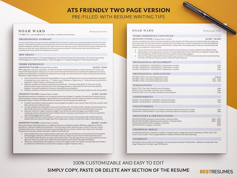 May include: A two-page resume template with the text "ATS Friendly Two Page Version" and "Pre-Filled with Resume Writing Tips." The resume includes sections for professional summary, key skills, work experience, and more. A black pen rests on the top right.