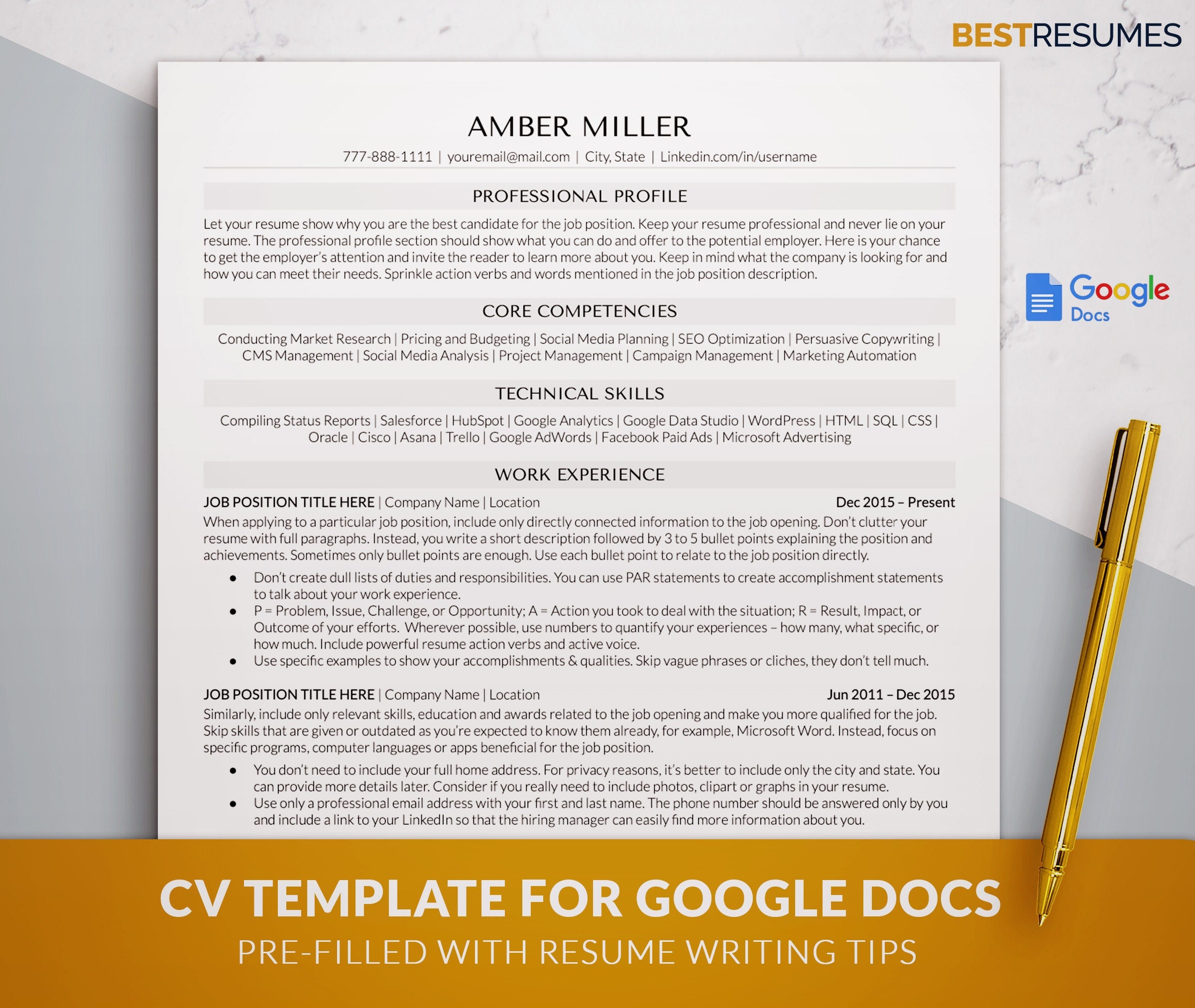 ATS Ready CV Template for Google Docs, Word, Mac Pages, Professional