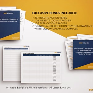 May include: A set of printable job application resources. Includes a navy blue booklet titled "287 Resume Action Verbs to Make Your Resume Shine" and a booklet titled "How to Turn a Job Rejection to Your Advantage". Also includes job website logins and job application trackers.