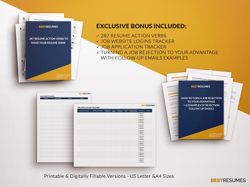 May include: A set of printable job application resources. Includes a navy blue booklet titled "287 Resume Action Verbs to Make Your Resume Shine" and a booklet titled "How to Turn a Job Rejection to Your Advantage". Also includes job website logins and job application trackers.