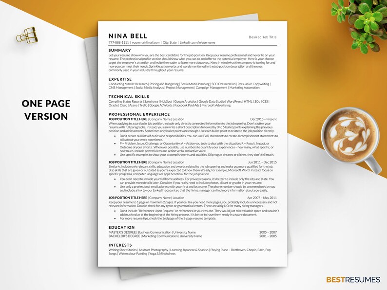 Modern ATS Resume Template One Page Resume Nina Bell
