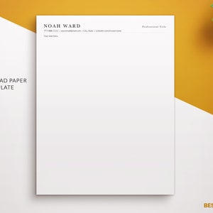 May include: A white letterhead paper template with the name "Noah Ward" and contact details at the top. The words "Letterhead Paper Template" are printed on the left. A gold paper clip and a succulent plant are in the background.