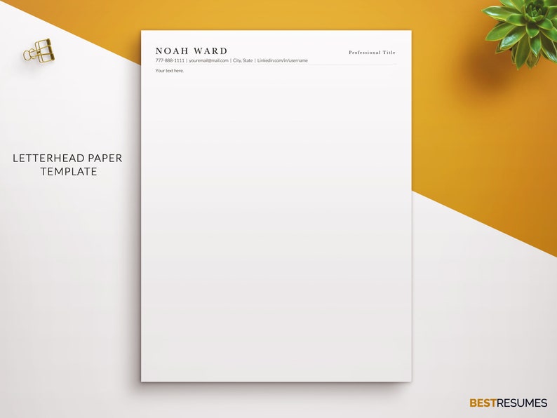 May include: A white letterhead paper template with the name "Noah Ward" and contact details at the top. The words "Letterhead Paper Template" are printed on the left. A gold paper clip and a succulent plant are in the background.