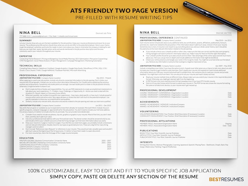 Modern ATS Resume Template Two Page Resume Nina Bell