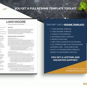 Puede incluir: Un gr&aacute;fico azul y naranja con el texto "You get a full resume template toolkit" y "This isn't just a resume template!" El gr&aacute;fico enumera las caracter&iacute;sticas incluidas en el kit, como una plantilla de curr&iacute;culum de una p&aacute;gina, una plantilla de curr&iacute;culum de dos p&aacute;ginas, una plantilla de carta de presentaci&oacute;n, una plantilla de p&aacute;gina de referencias, una gu&iacute;a de instrucciones, fuentes gratuitas, iconos de curr&iacute;culum, una plantilla de papel membrete y una lista de verificaci&oacute;n de curr&iacute;culum. El gr&aacute;fico tambi&eacute;n indica "You get a lifetime and unlimited support!" y proporciona una direcci&oacute;n de correo electr&oacute;nico de contacto: info@bestresumes.info.