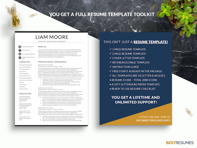 Puede incluir: Un gr&aacute;fico azul y naranja con el texto "You get a full resume template toolkit" y "This isn't just a resume template!" El gr&aacute;fico enumera las caracter&iacute;sticas incluidas en el kit, como una plantilla de curr&iacute;culum de una p&aacute;gina, una plantilla de curr&iacute;culum de dos p&aacute;ginas, una plantilla de carta de presentaci&oacute;n, una plantilla de p&aacute;gina de referencias, una gu&iacute;a de instrucciones, fuentes gratuitas, iconos de curr&iacute;culum, una plantilla de papel membrete y una lista de verificaci&oacute;n de curr&iacute;culum. El gr&aacute;fico tambi&eacute;n indica "You get a lifetime and unlimited support!" y proporciona una direcci&oacute;n de correo electr&oacute;nico de contacto: info@bestresumes.info.