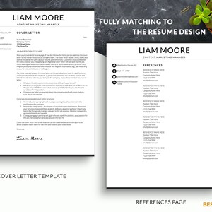 Puede incluir: Una plantilla de carta de presentaci&oacute;n y p&aacute;gina de referencias en blanco y negro para un gerente de marketing de contenido llamado Liam Moore. La plantilla incluye informaci&oacute;n de contacto, una carta de presentaci&oacute;n con consejos para escribir una carta de presentaci&oacute;n y una p&aacute;gina de referencias con una lista de referencias.
