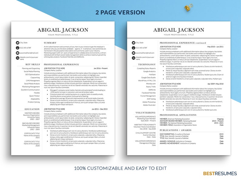 Two Column Resume Template Word, Professional Resume Templates, Curriculum Vitae Template, CV Template Britain with Cover Letter, 1, 2 Pages image 2