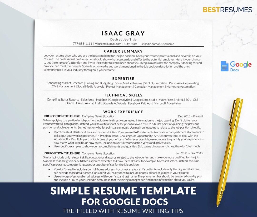 Simple ATS Friendly Resume Template for Google Docs, MS Word, Mac Pages ...
