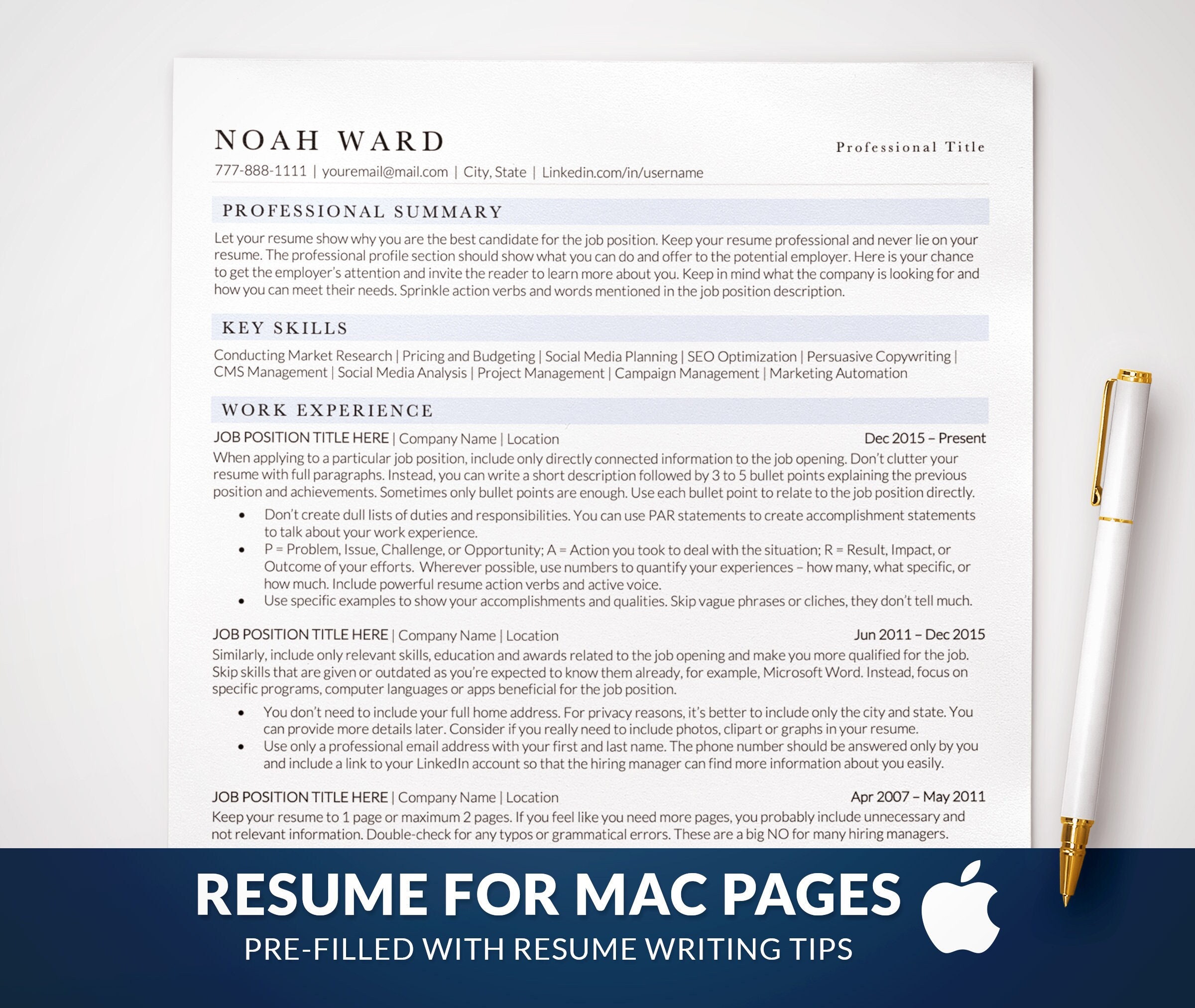 Resume Example Apple Apple Pages Resume Template, ATS Friendly & ATS Optimized, Clean Modern ...