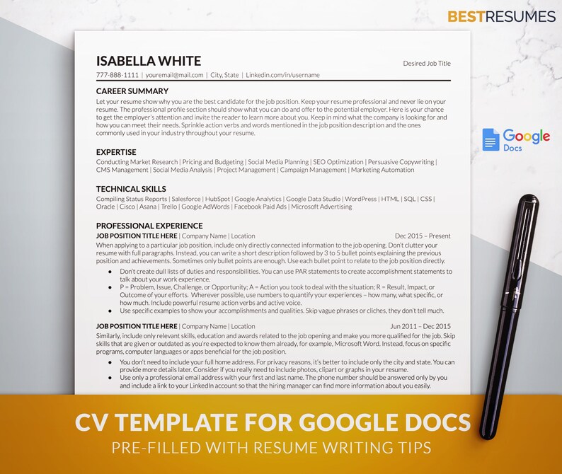 Professional CV Template for Google Docs MS Word and Mac - Etsy Israel