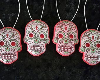 set of 4 silver and red hanging sugar skull ornaments day of the dead christmas tree decorations bauble alternative - Christmas Sugar Skull set of 4 silver and red hanging sugar skull ornaments day of the dead christmas tree decorations bauble alternative - Christmas Sugar Skull